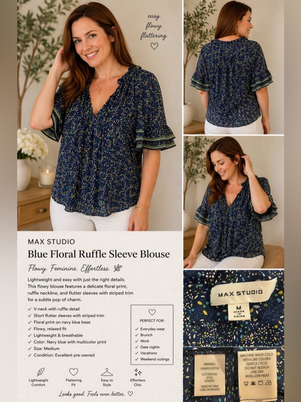 Max Studio Blue Floral Ruffle Sleeve Blouse M Flowy Boho Top